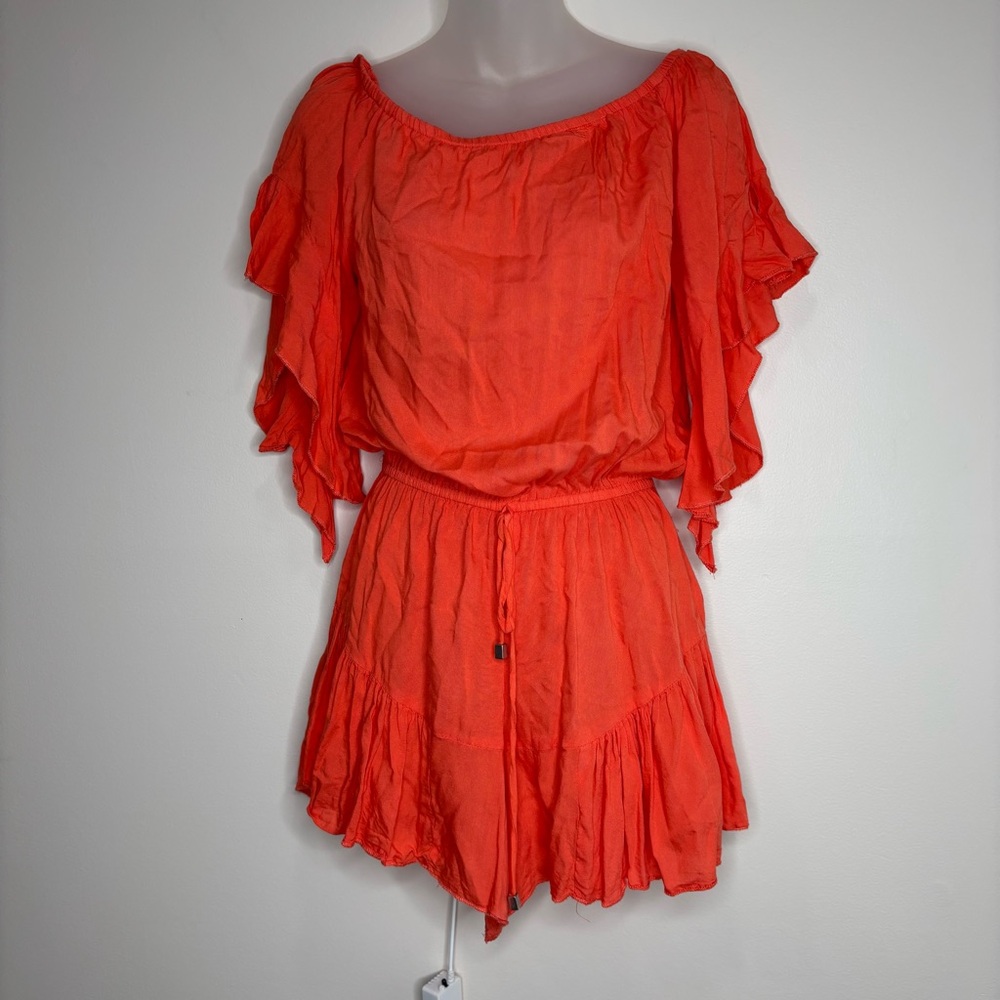 VENUS Y2K 2000s orange drawstring romper swimsuit coverup small ruffle sleeve - Picture 2 of 9
